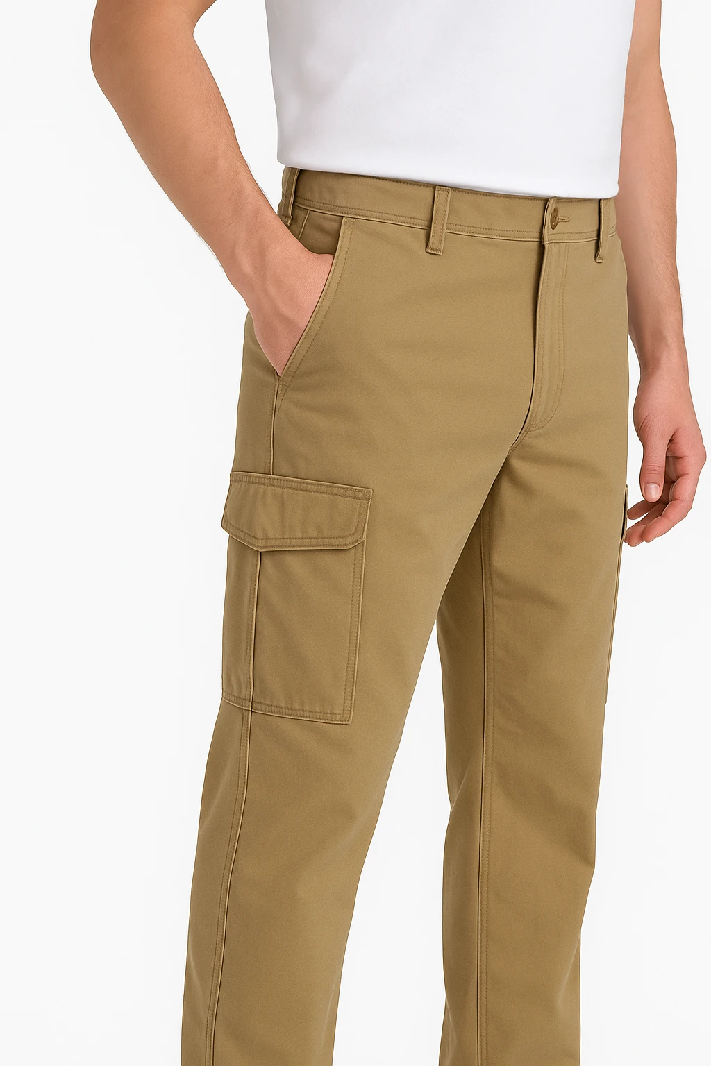 מכנסי קארגו Carhartt Rigby בצבע חאקי מזווית צדית, עם דוגמן הלובש חולצה לבנה ומדגים את הכיסים המחוזקים.