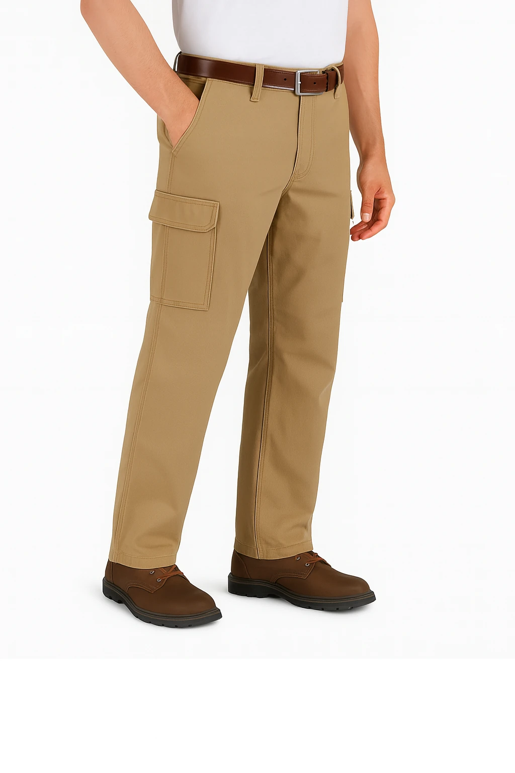 מכנסי קארגו Carhartt Rigby מזווית קדמית, עם חגורת עור ונעליים חומות, מוצגים על רקע לבן לקטלוג עבודה מקצועי.